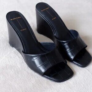 BLACK SUEDE STUDIO Paloma Wedge Mules in Black Croco